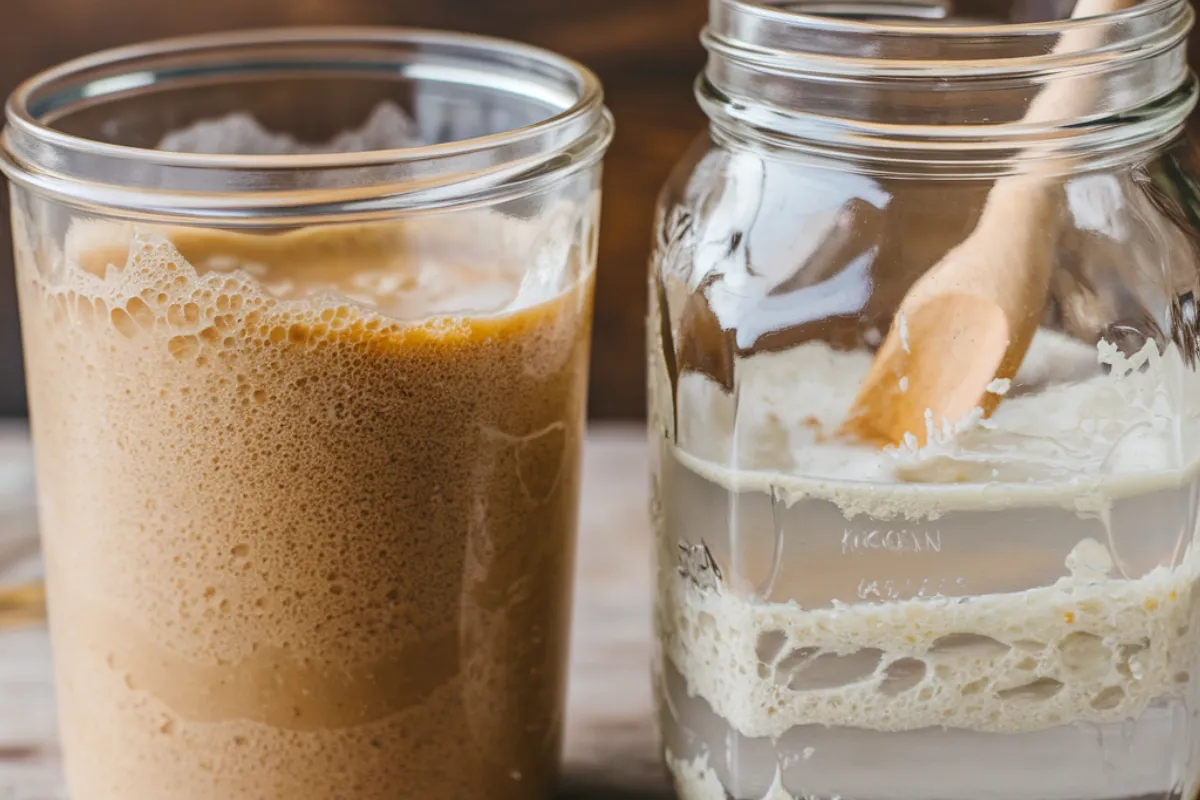 An image showing a side-by-side comparison of active sourdough starter and sourdough discard in jars, highlighting their differences