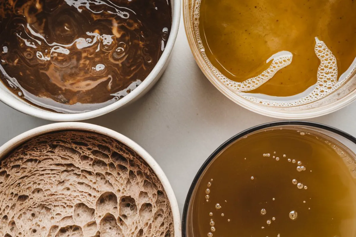 An image showing a side-by-side comparison of active sourdough starter and sourdough discard in jars, highlighting their differences