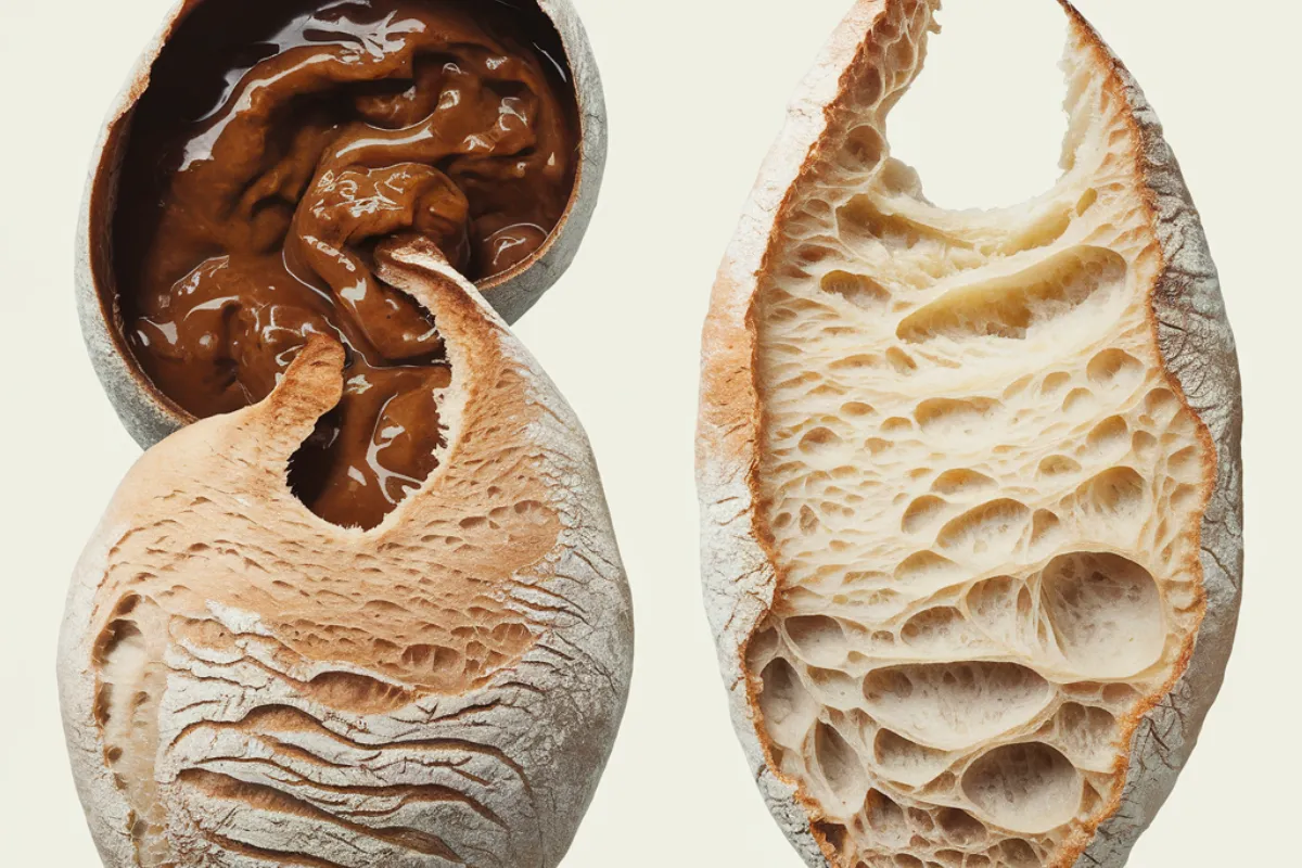 An image showing a side-by-side comparison of active sourdough starter and sourdough discard in jars, highlighting their differences