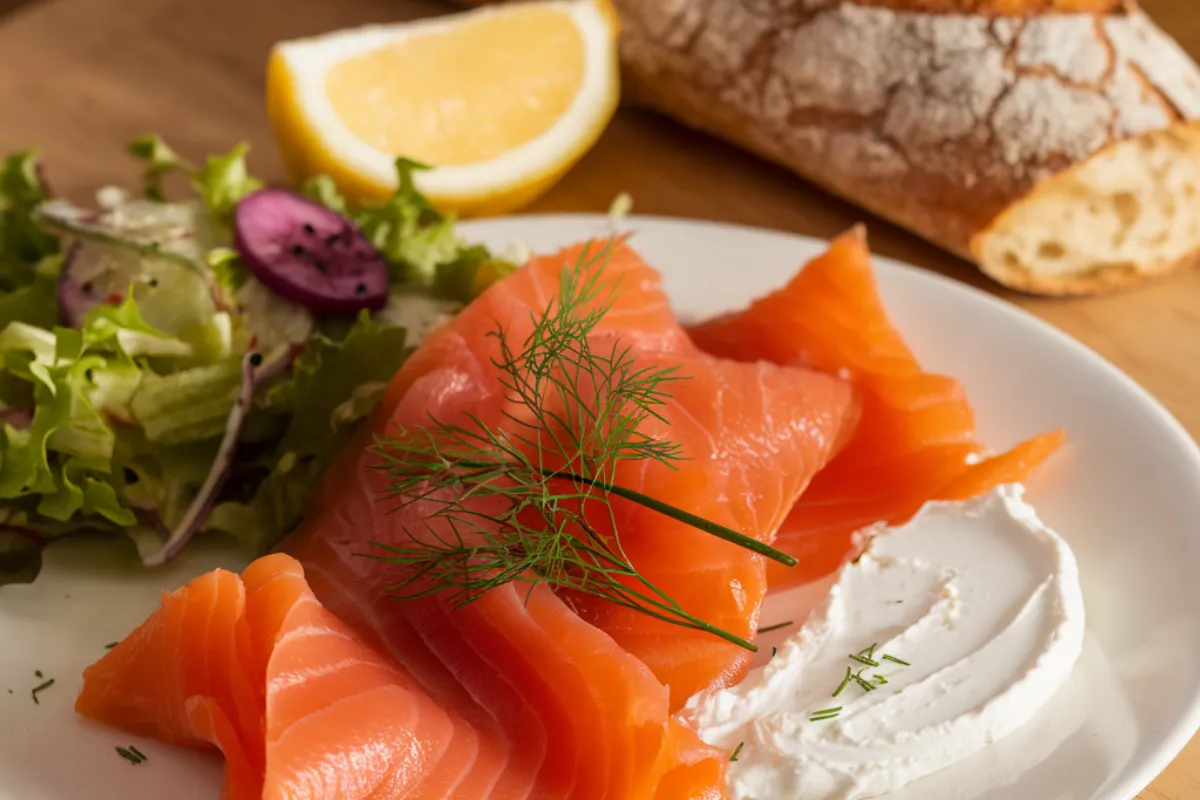 Delicious smoked salmon appetizers with cream cheese and fresh herbs, served on a platter