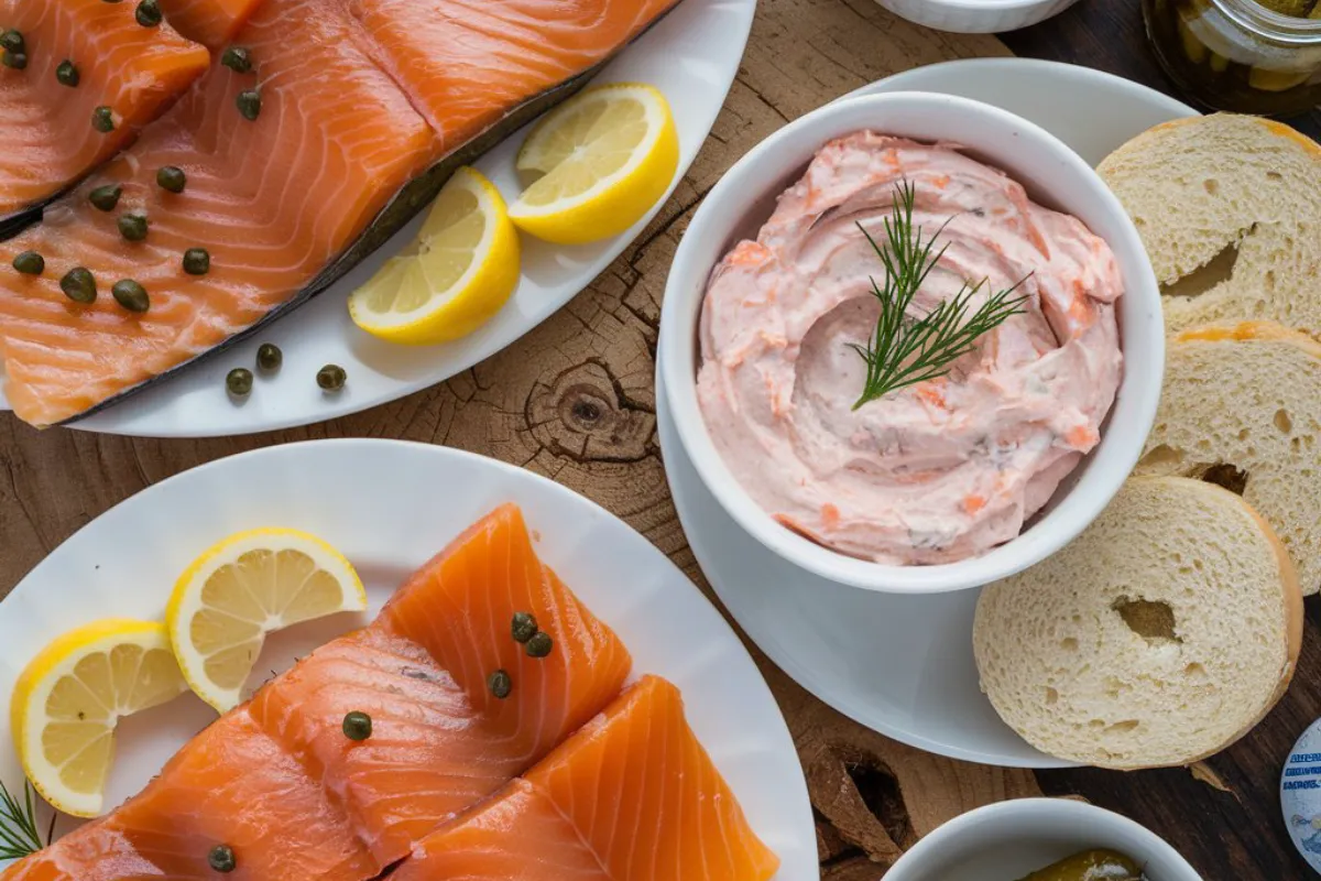 Delicious smoked salmon appetizers with cream cheese and fresh herbs, served on a platter