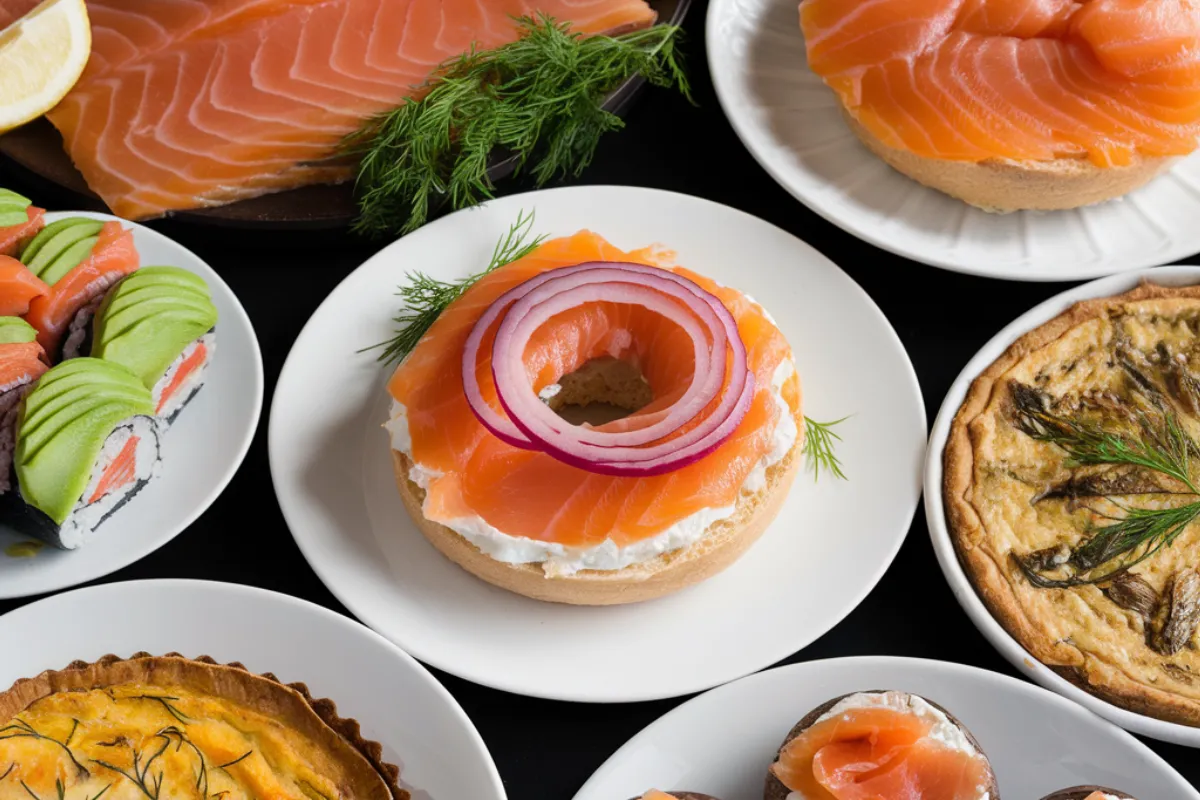 Smoked salmon served on a toasted bagel with cream cheese, capers, and fresh herbs, ideal for breakfast or brunch