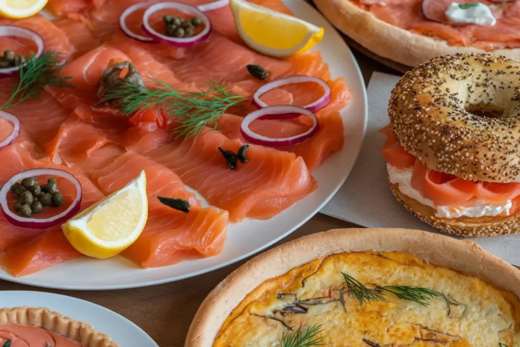 Smoked salmon served on a toasted bagel with cream cheese, capers, and fresh herbs, ideal for breakfast or brunch