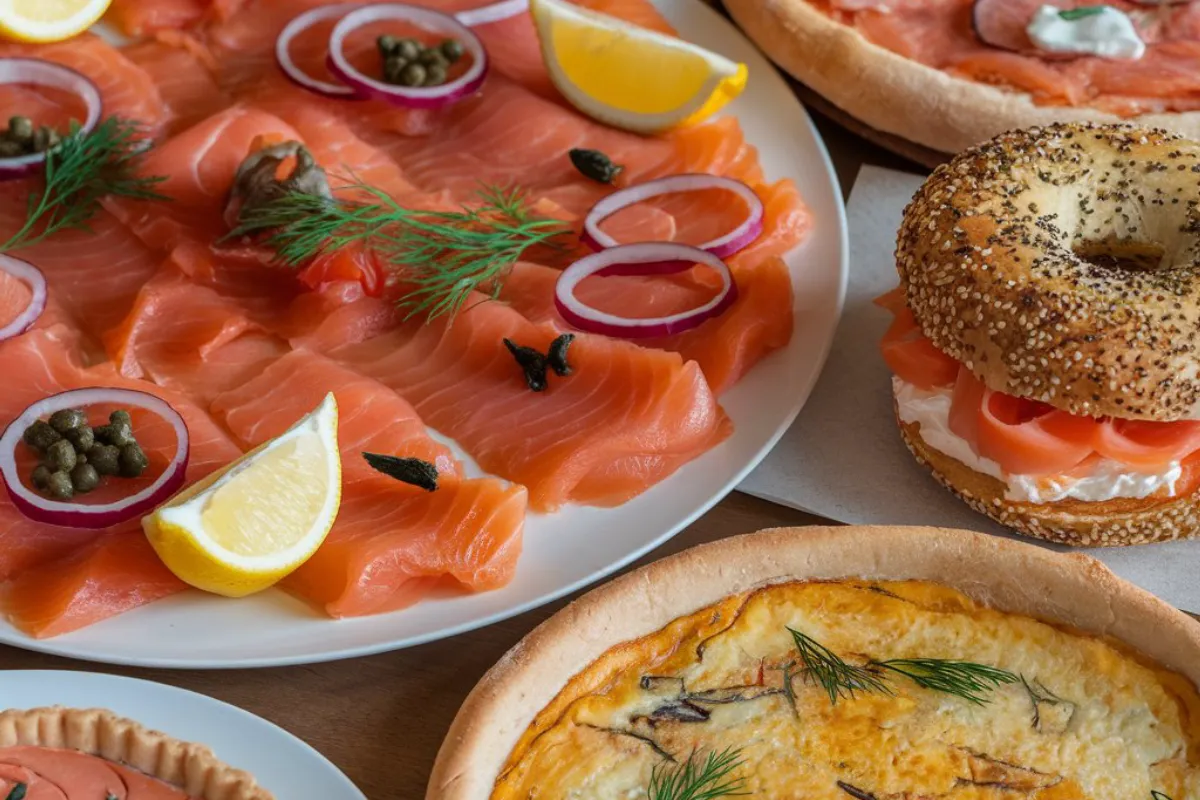 Smoked salmon served on a toasted bagel with cream cheese, capers, and fresh herbs, ideal for breakfast or brunch