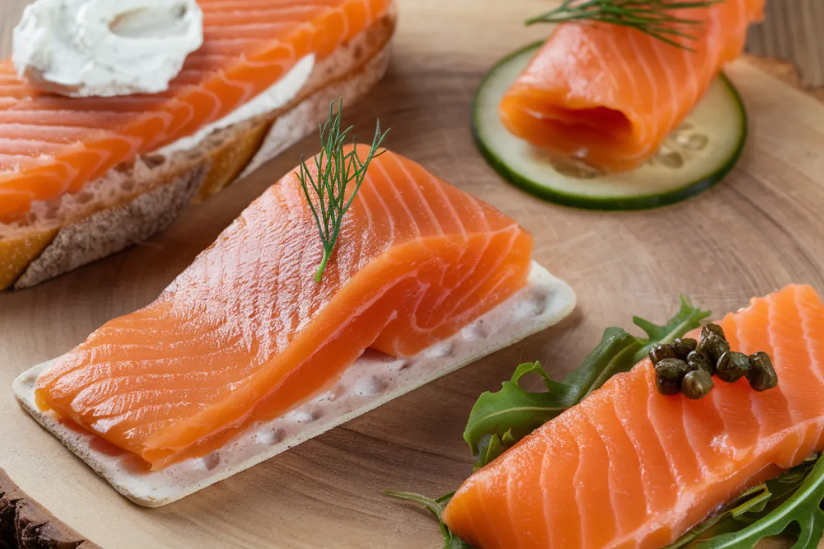 Smoked salmon served on a toasted bagel with cream cheese, capers, and fresh herbs, ideal for breakfast or brunch