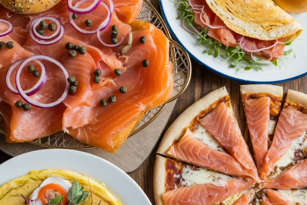 Smoked salmon on a toasted bagel with cream cheese, capers, and red onion - perfect breakfast idea