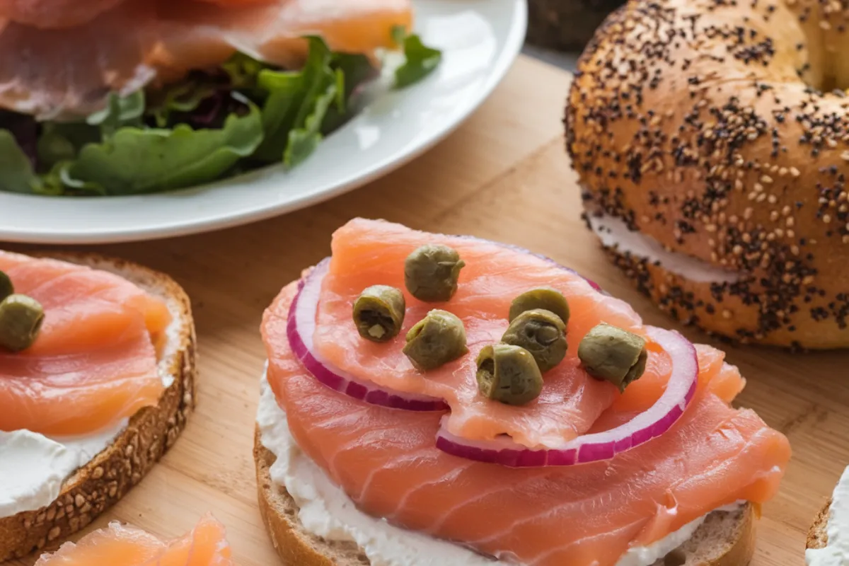 Smoked salmon on a toasted bagel with cream cheese, capers, and red onion - perfect breakfast idea