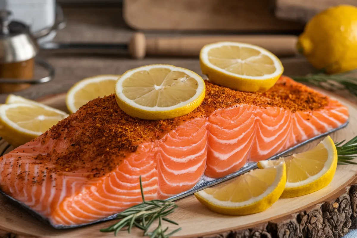 Brining salmon in a container with salt, herbs, and spices before smoking