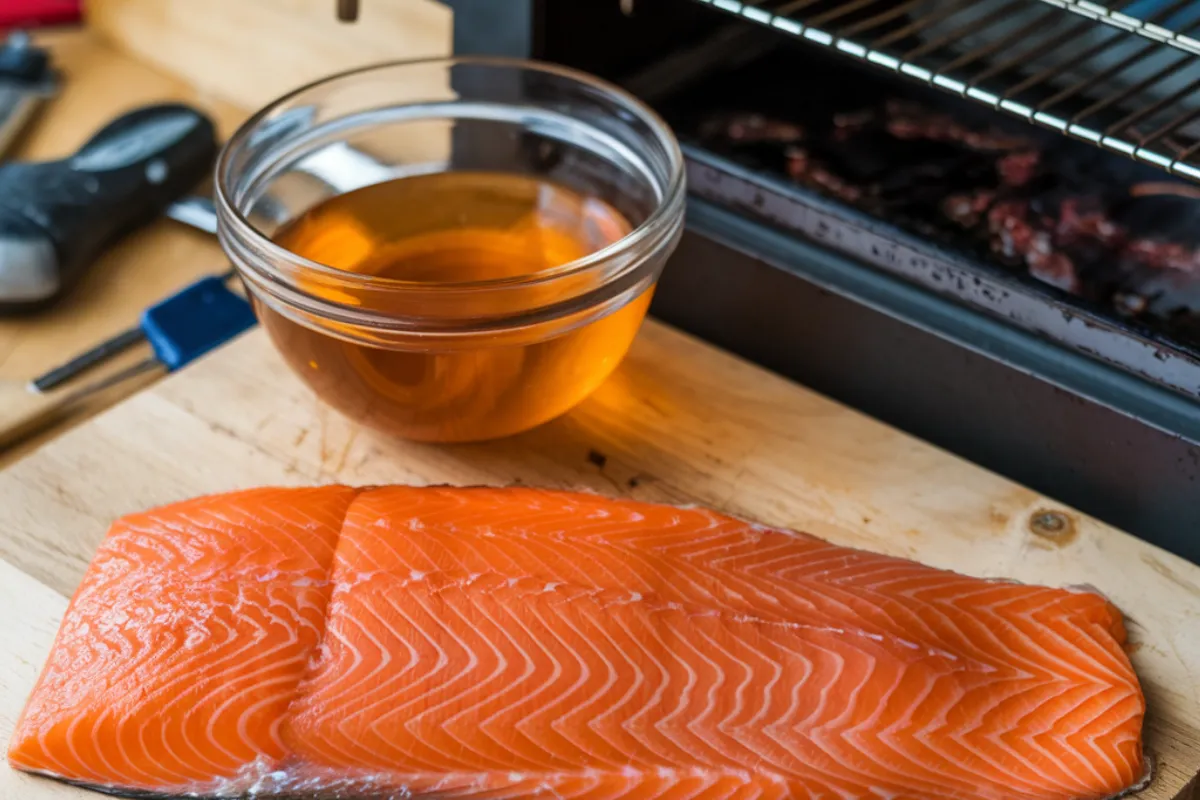 Brining salmon in a container with salt, herbs, and spices before smoking