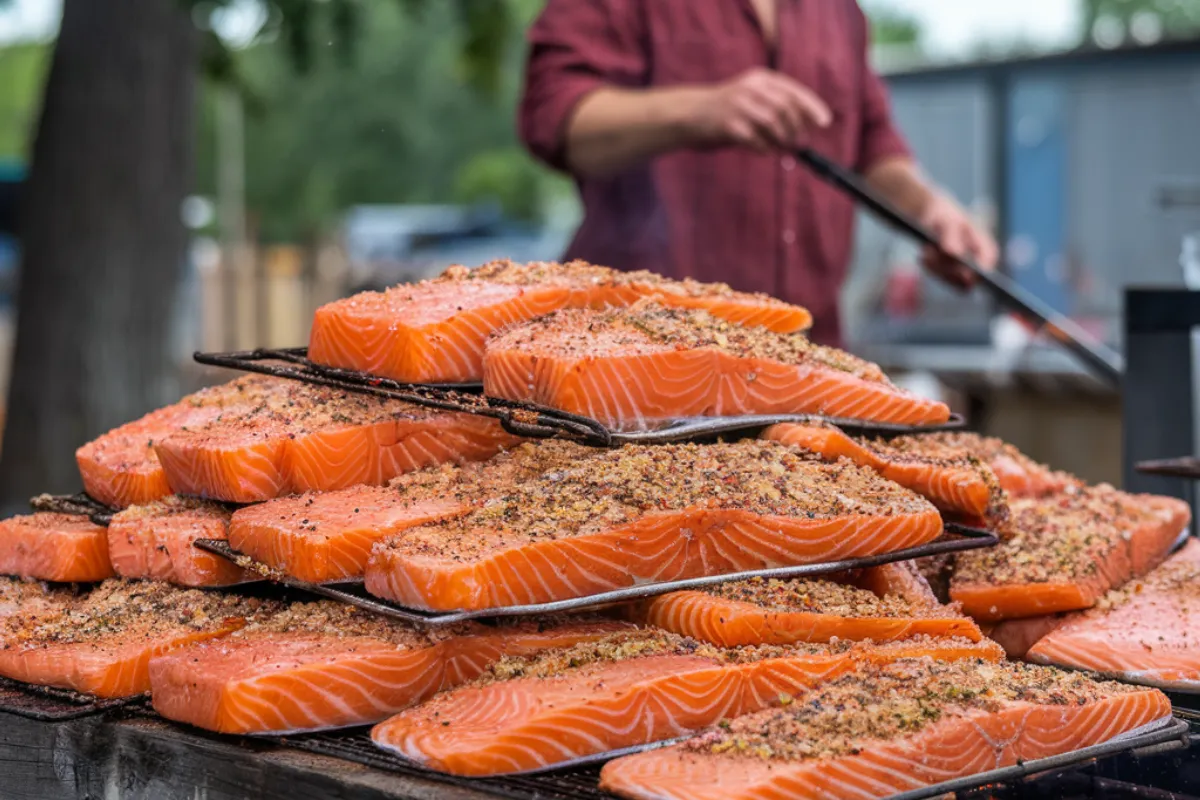 Brining salmon in a container with salt, herbs, and spices before smoking