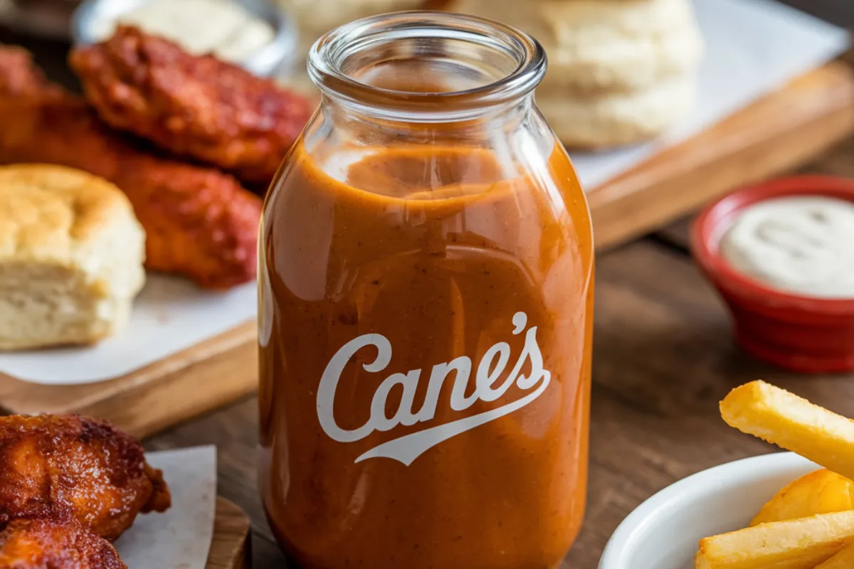 Homemade Cane's sauce in a bowl with chicken fingers and fries 