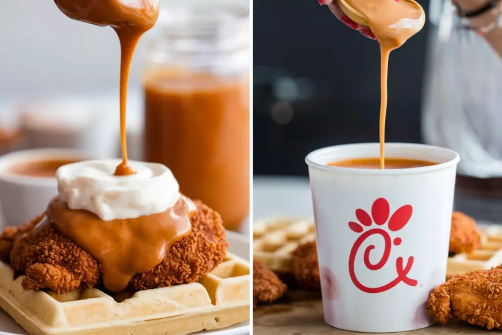 Close-up of Raising Cane's sauce and Chick-fil-A sauce for comparison