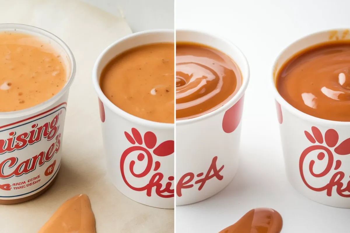 Close-up of Raising Cane's sauce and Chick-fil-A sauce for comparison